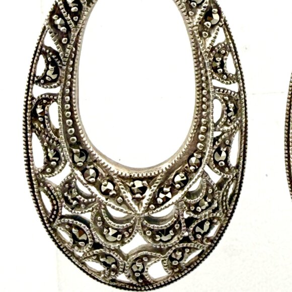 Vintage Sterling Silver Marcasite Filigree Dangle Earrings – 2.25”, 9.6g - Picture 2 of 15